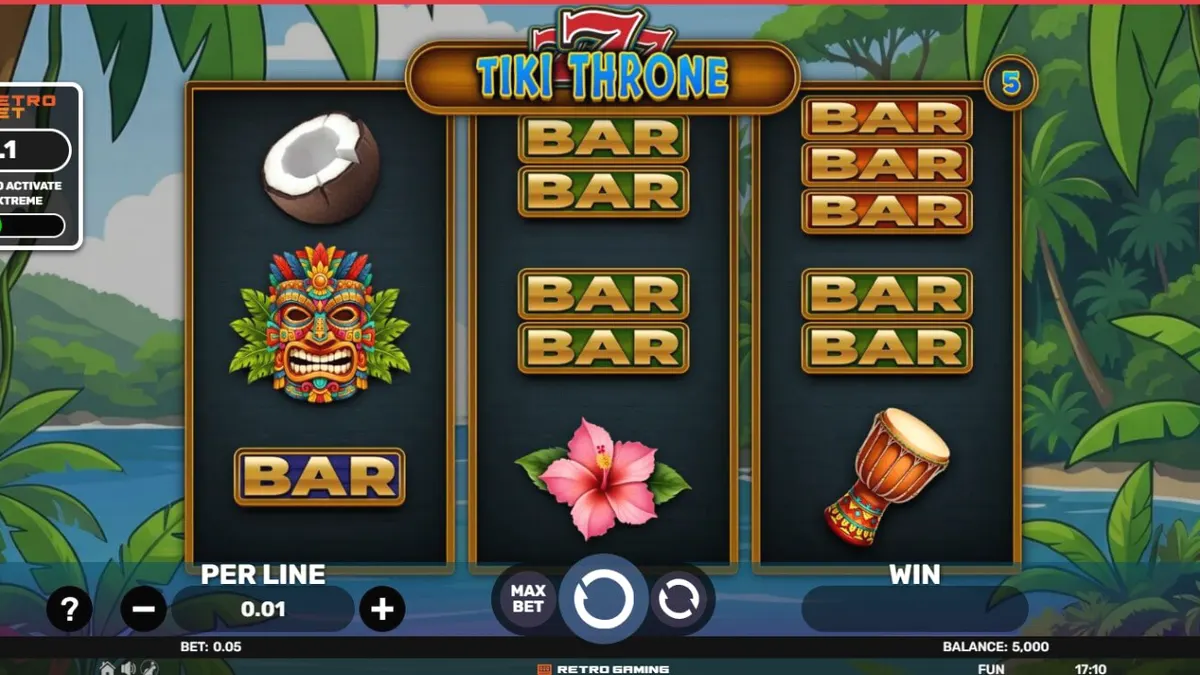 Makulay na disenyo ng 777 – Tiki Throne slot na may mga tiki mask at tropikal na background