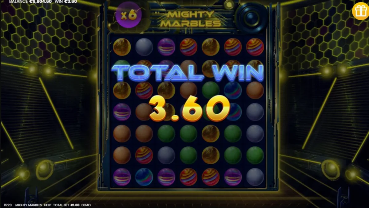 Mighty Marbles slot machine interface na may neon cosmic theme
